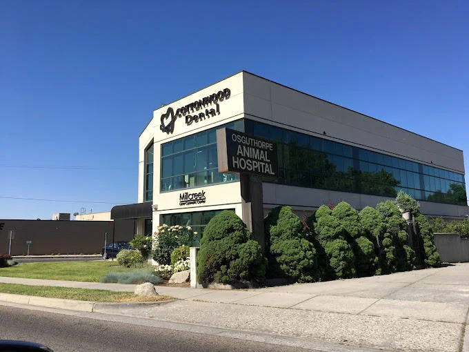 Front view of Cottonwood Dental office in a two-story building surrounded by landscaping and clear sky